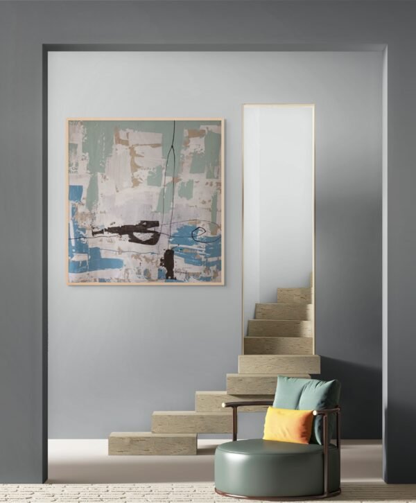 Large Abstract Sage and Aqua Wall Art - Modern Canvas Painting with Bold Black Accents - 150 cm Statement piece