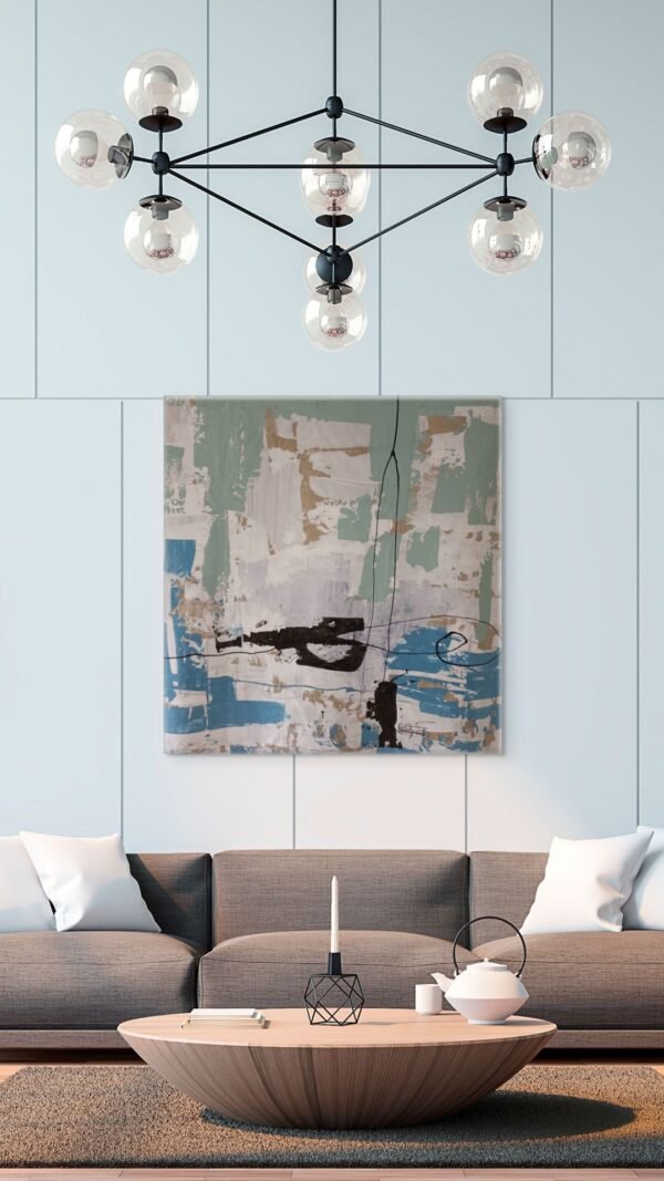 Large Abstract Sage and Aqua Wall Art - Modern Canvas Painting with Bold Black Accents - 150 cm Statement piece