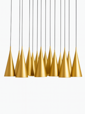 Cluster of modern gold cone pendant lights with black cords, designed for dining rooms, kitchens, and luxury interiors.
