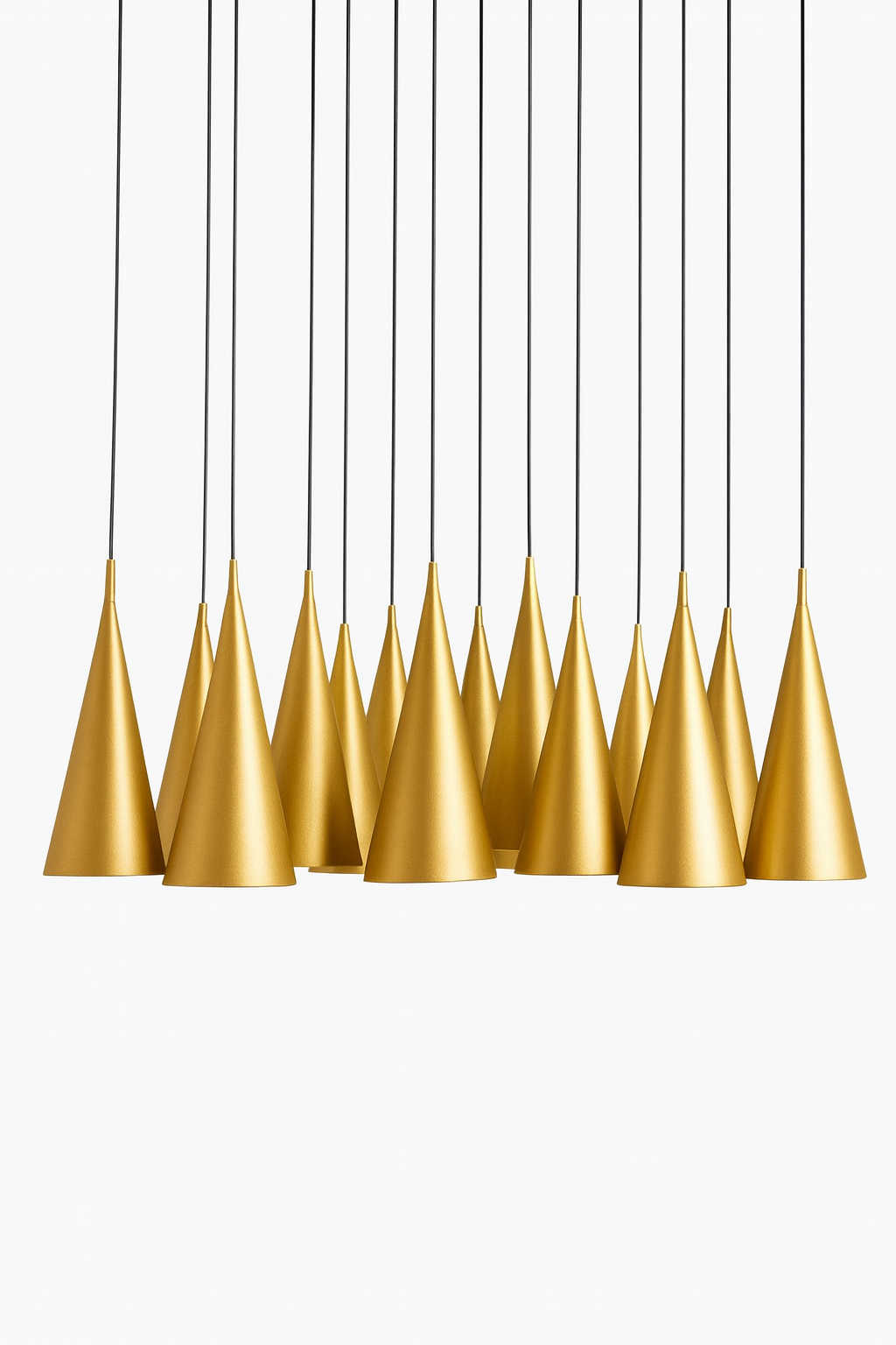 Modern Gold Cone Pendant Lights – Luxury Cluster Chandelier Cluster of modern gold cone pendant lights with black cords, designed for dining rooms, kitchens, and luxury interiors.