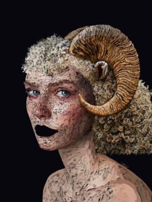 Surreal female portrait with horns, digital artwork from The Other Me collection exploring hybrid dreams and wild identity. Artist: Sarv