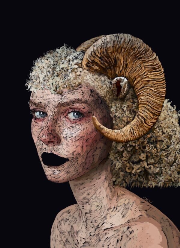 Surreal female portrait with horns, digital artwork from The Other Me collection exploring hybrid dreams and wild identity. Artist: Sarv