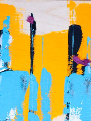 Yellow and blue contemporary artwork by Claudia Liuzzi from the “La Scatola di Latta” collection, a modern abstract painting on birch inspired by her travels around the world, featuring layered textures, radiant yellow tones, and deep blue contrasts.