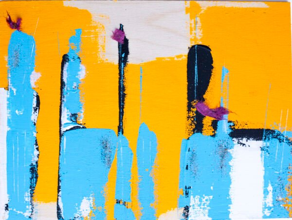 Yellow and blue contemporary artwork by Claudia Liuzzi from the “La Scatola di Latta” collection, a modern abstract painting on birch inspired by her travels around the world, featuring layered textures, radiant yellow tones, and deep blue contrasts.