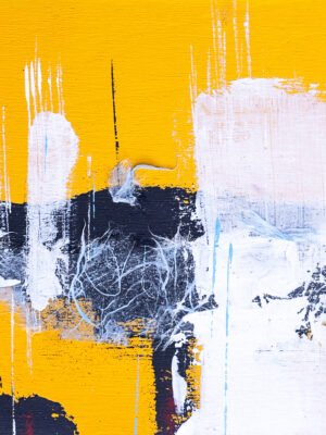 Yellow and white contemporary artwork on birch by Claudia Liuzzi from the “La Scatola di Latta” collection, a modern abstract painting featuring layered textures, balanced composition, and expressive contrasts of light and color.