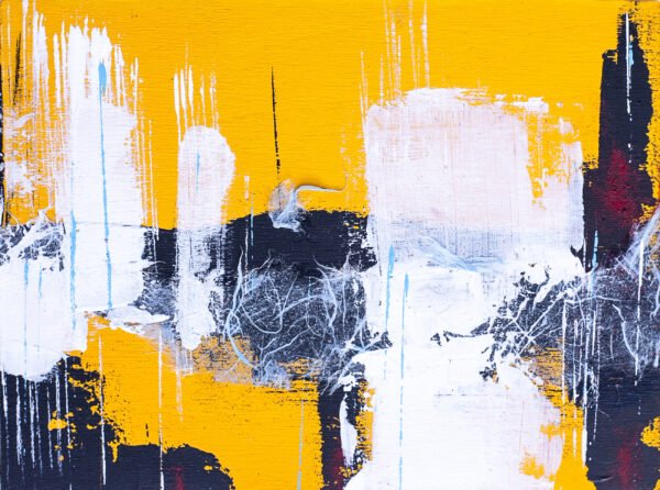 Yellow and white contemporary artwork on birch by Claudia Liuzzi from the “La Scatola di Latta” collection, a modern abstract painting featuring layered textures, balanced composition, and expressive contrasts of light and color.