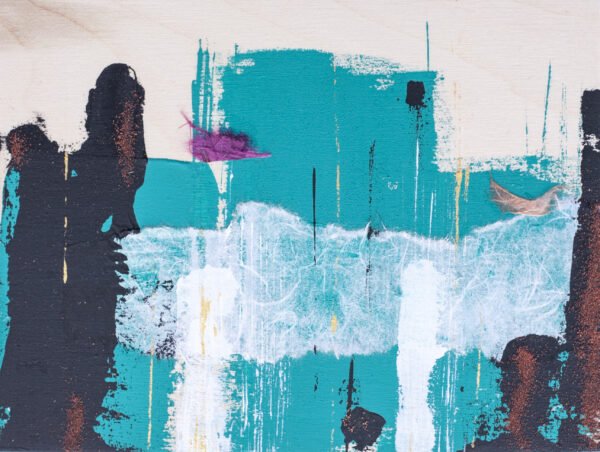 Turquoise and White Contemporary Artwork – Modern Abstract Painting on Canvas by Claudia Liuzzi Turquoise and white contemporary artwork by Claudia Liuzzi from the “Scatola di Latta” collection, a modern abstract painting on canvas with layered textures and soft earthy tones.