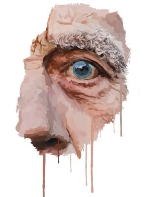 Surreal portrait of an old man in an emotional digital painting showing realistic eye detail, blending realism and surrealism in modern art style.
