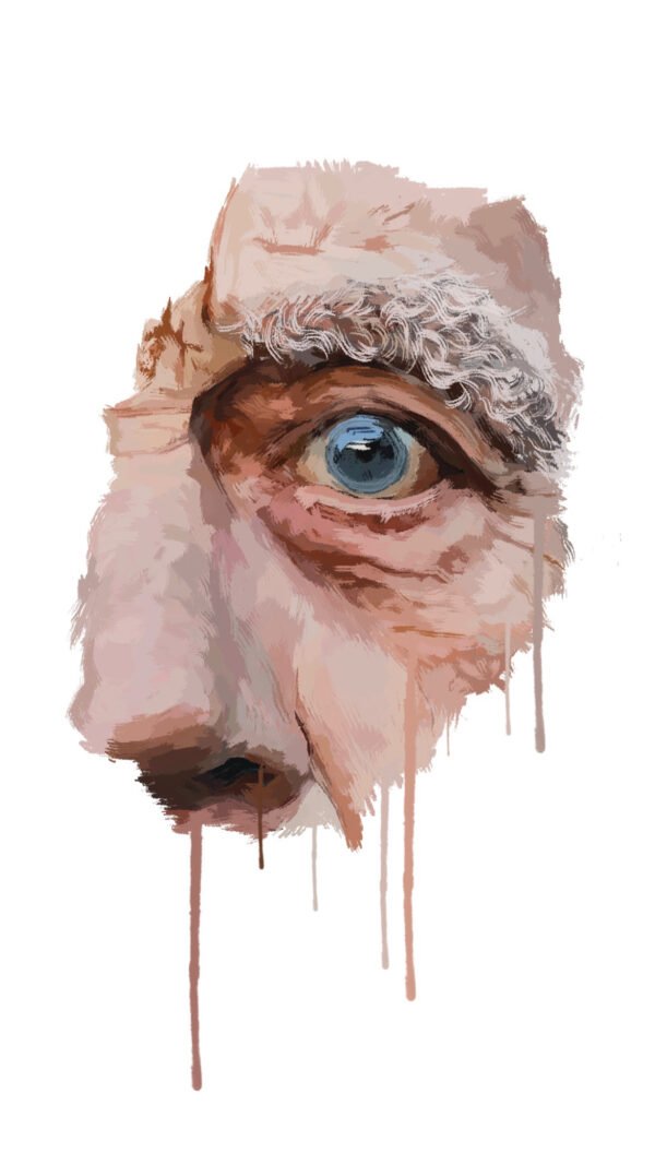 Surreal portrait of an old man in an emotional digital painting showing realistic eye detail, blending realism and surrealism in modern art style.