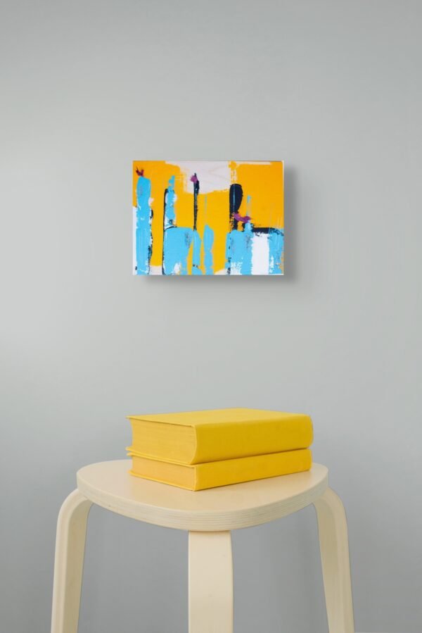 Yellow and Blue Contemporary Artwork – Modern Abstract Painting on birch by Claudia Liuzzi - 1 piece