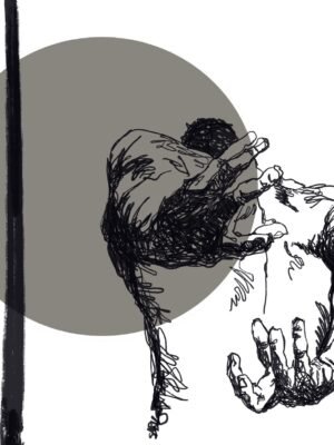 Powerful Graffiti Figure Art – Urban contemporary 20x25 canvas painting by Sarv Showing an expressive hand-drawn figure with bold black lines on a 20x25 inch canvas, Urban Contemporary art style.