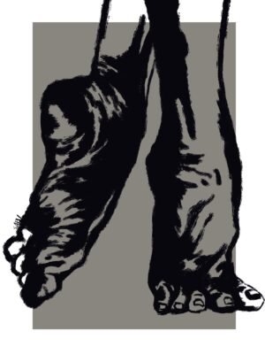 Urban graffiti style art - feet illustration in black ink on a grey background, contemporary wall art in a 25x20 inch format
