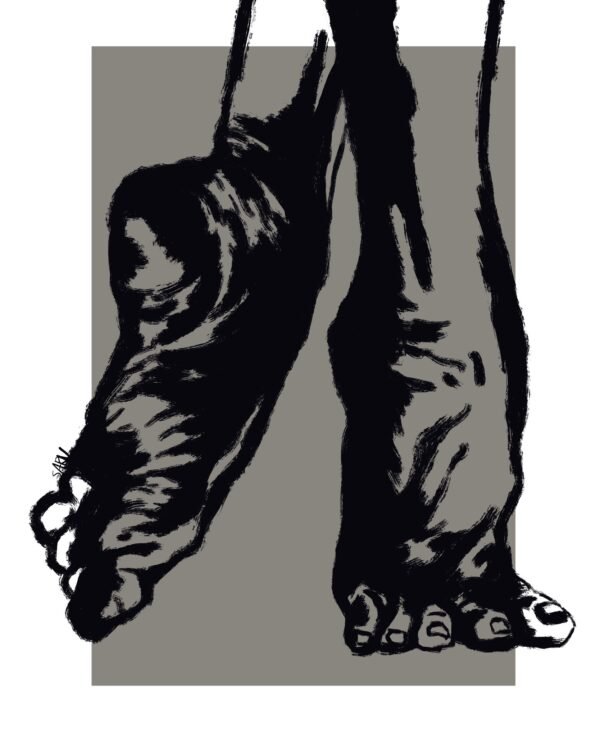 Urban graffiti style art - feet illustration in black ink on a grey background, contemporary wall art in a 25x20 inch format