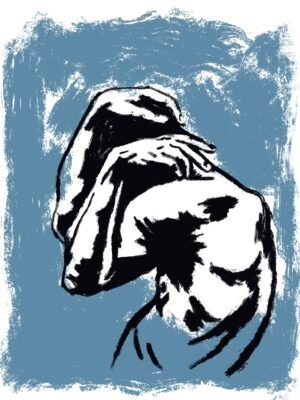 Abstract nude figure art painted in black strokes on a textured blue background, 20x25 inch modern canvas artwork.