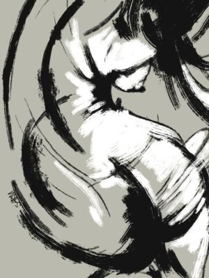 Black and white figure abstract art from the Sentimental Elegance Series, 25-inch canvas with expressive brushstrokes on a soft background.