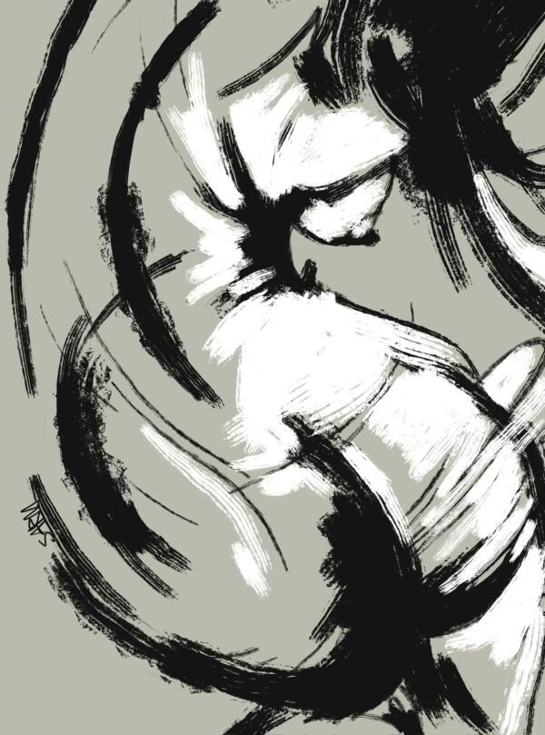 Black and white figure abstract art from the Sentimental Elegance Series, 25-inch canvas with expressive brushstrokes on a soft background.