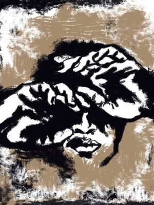 Abstract face expression art work with hands covering the eyes, painted in black on a textured beige background, 24x25 inch modern canvas.