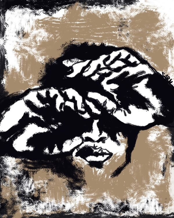 Abstract face expression art work with hands covering the eyes, painted in black on a textured beige background, 24x25 inch modern canvas.