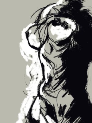Expressive Black and White Figure Art shown as a Modern Abstract Ink Style Painting with bold brush strokes.