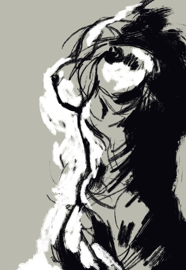 Expressive Black and White Figure Art shown as a Modern Abstract Ink Style Painting with bold brush strokes.
