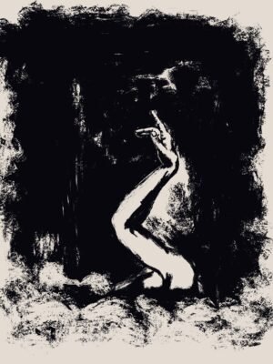 Black expressive nude silhouette art with one raised leg on a textured neutral background, 25x20 inch canvas painting.