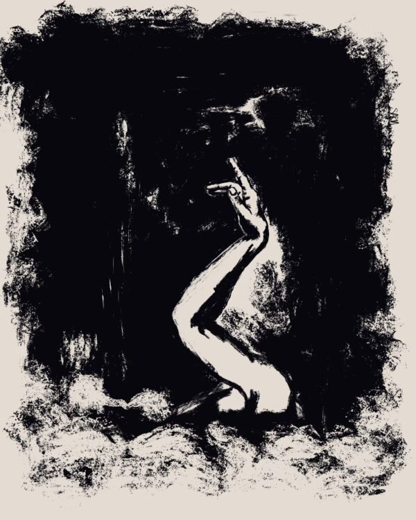 Expressive Nude Silhouette Art – Black Ink Style Canvas 25x20 Black expressive nude silhouette art with one raised leg on a textured neutral background, 25x20 inch canvas painting.