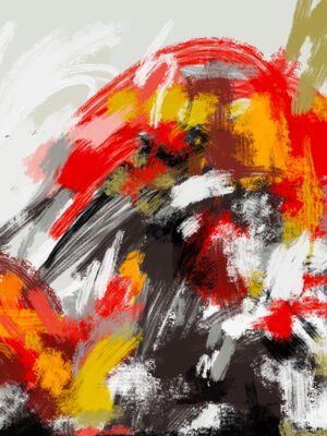 Red and black modern abstract painting with bold brushstrokes, textured layers, and expressive contemporary art style, featuring dynamic movement and vibrant color contrasts.