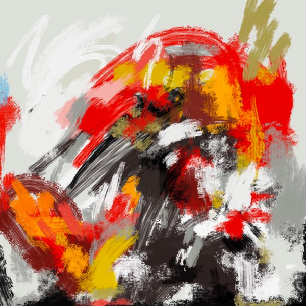 Red and black modern abstract painting with bold brushstrokes, textured layers, and expressive contemporary art style, featuring dynamic movement and vibrant color contrasts.