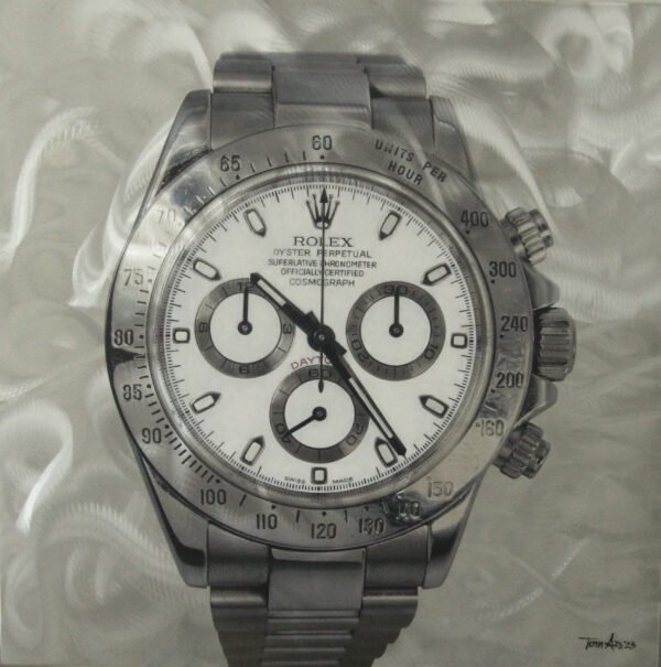 Luxury Rolex wall art showing a modern chronograph watch painted on an aluminum panel with a metallic textured background.