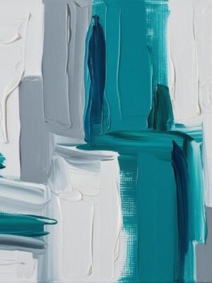 Powerful Turquoise Motion Abstract Art featuring turquoise, white, and grey tones in a Modern Textured Canvas Painting style with palette-knife strokes.