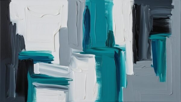 Powerful Turquoise Motion Abstract Art featuring turquoise, white, and grey tones in a Modern Textured Canvas Painting style with palette-knife strokes.