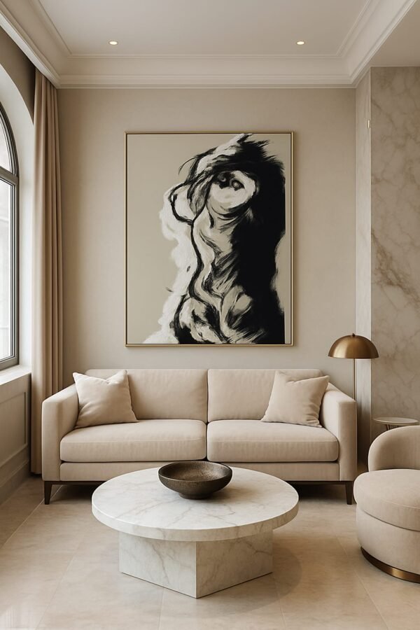 Expressive Black and White Figure Art – Modern Abstract Ink Style Painting - 25"