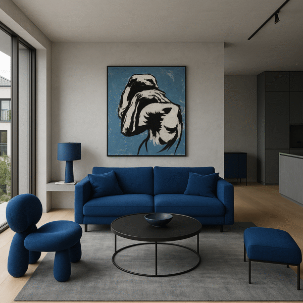 Abstract Nude Figure Art – Modern Blue & Black 20x25” Canvas Painting