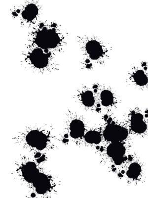 Black abstract ink splatter art with bold paint splash shapes on a white background, modern minimalist wall art.