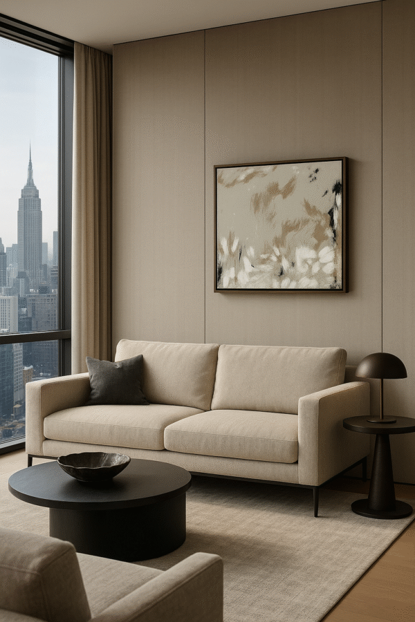 Neutral Brushstroke Abstract Art – Modern Beige, White & Black Textured Canvas Painting 32"