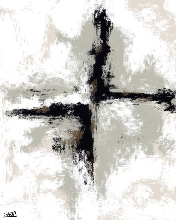 Powerful Crossline Essence Abstract Art – Modern Black and White Textured Canvas Painting featuring bold black crosslines over a textured modern white background.