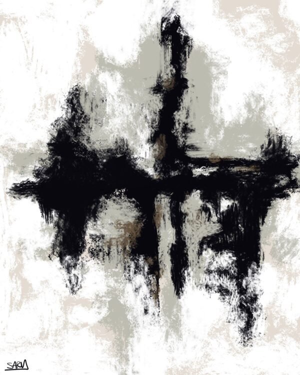Powerful Noir Cross Abstract Art – Luxury Modern Textured Black and White Canvas Painting with bold black crosslines over a textured modern white background.