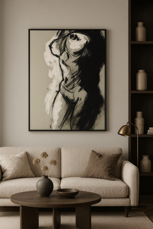 Expressive Black and White Figure Art – Modern Abstract Ink Style Painting - 25"