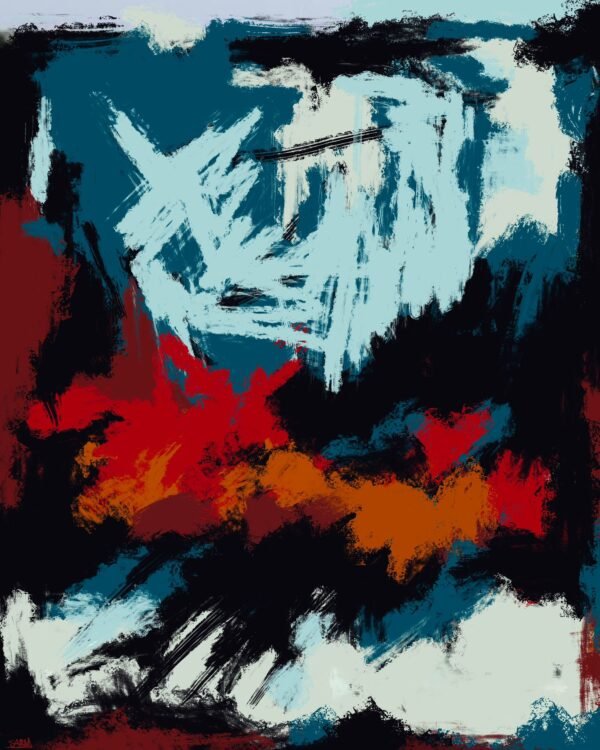 Emotional Blaze Abstract Art – a bold contemporary wall canvas featuring dynamic red, orange, and blue tones.