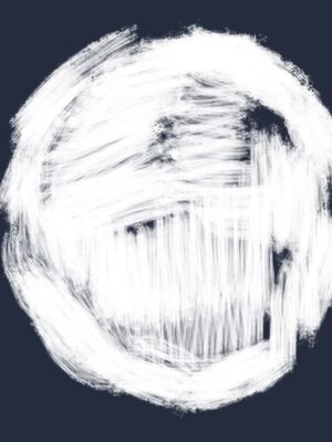 White textured sphere abstract painting with layered white brushstrokes on a deep navy background in a contemporary minimal navy wall art style.