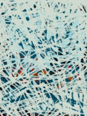 Powerful arctic motion abstract art in blue and white with modern textured strokes on canvas, contemporary abstract painting for luxury interior design.