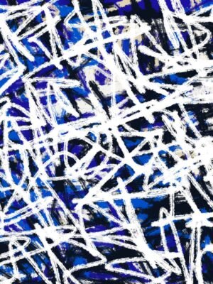 Powerful midnight symphony abstract art on a modern blue and white textured canvas with dynamic white strokes over deep blue tones, contemporary artwork for luxury interiors.