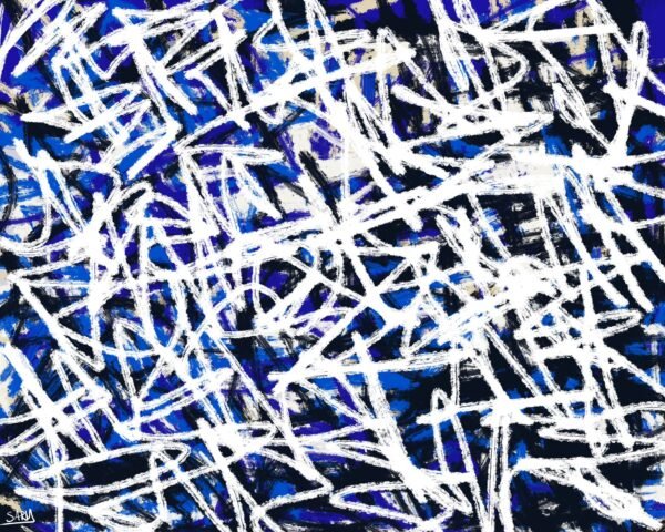 72f4d320-f75a-42ec-8d79-367a444a831f Powerful midnight symphony abstract art on a modern blue and white textured canvas with dynamic white strokes over deep blue tones, contemporary artwork for luxury interiors.