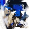 Bold blue impact abstract art on a contemporary beige, black and blue canvas with dynamic strokes and modern textured details.
