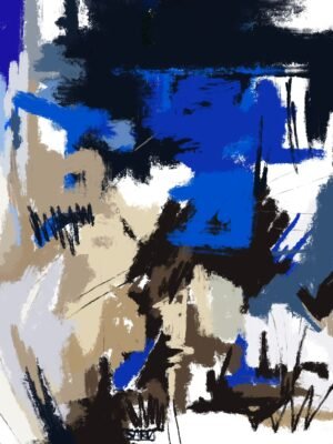 Bold blue impact abstract art on a contemporary beige, black and blue canvas with dynamic strokes and modern textured details.