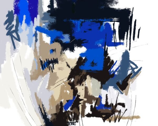 Bold blue impact abstract art on a contemporary beige, black and blue canvas with dynamic strokes and modern textured details.