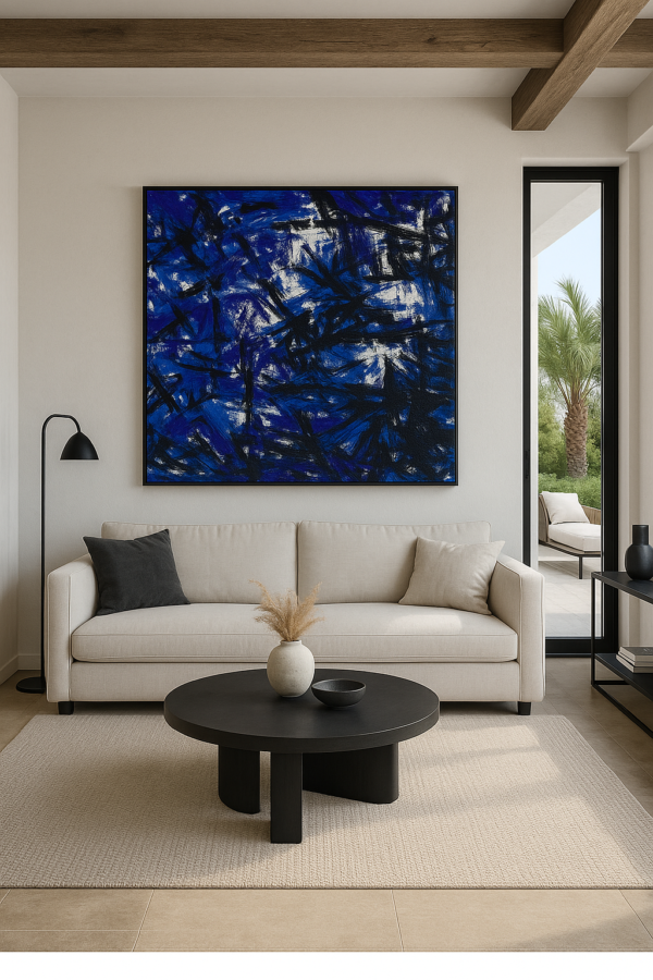 Vibrant Blue Chaos Abstract Art – Modern Textured Expressionist Canvas - 32"