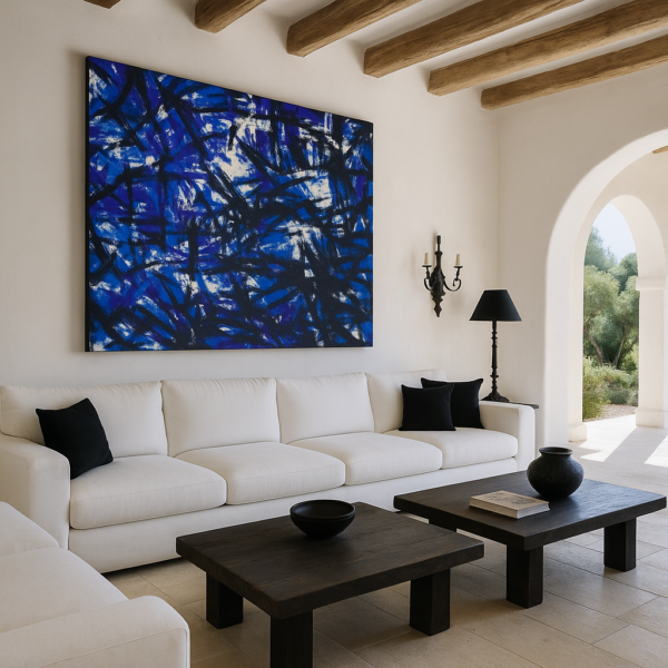 Vibrant Blue Chaos Abstract Art – Modern Textured Expressionist Canvas - 32"