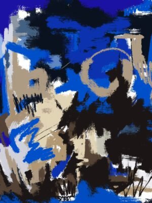 Vibrant blue expression abstract painting in bold blue and neutral tones, displayed as modern luxury décor art on a contemporary canvas for modern wall art interiors.