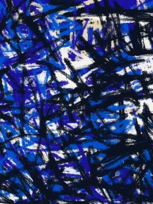 Modern textured expressionist canvas featuring vibrant blue chaos abstract art with dynamic brushstrokes, layered textures, and bold contemporary movement for luxury interior design.